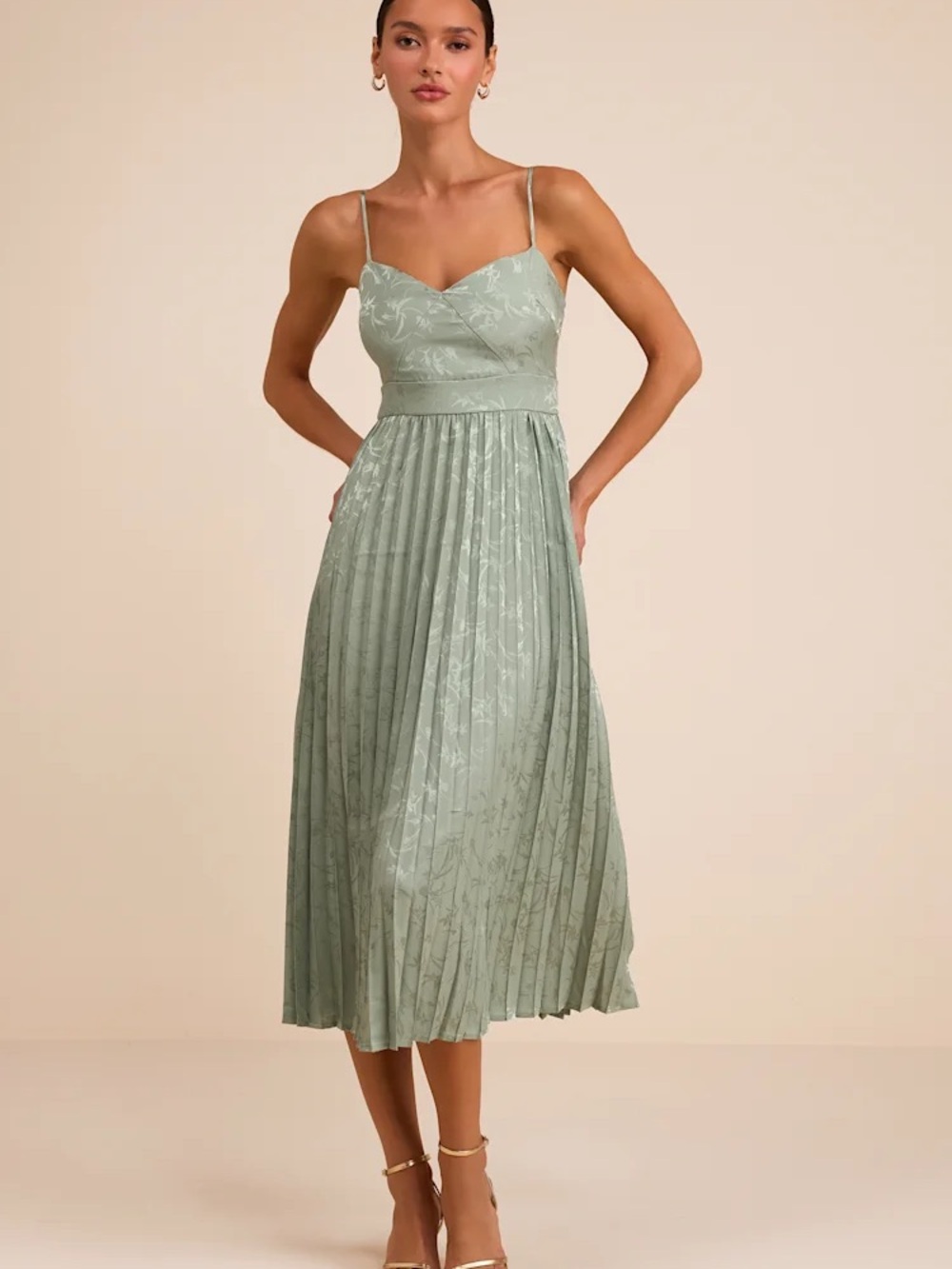 Lulu's Sage Green Pleated Midi Dress with Spaghetti Straps